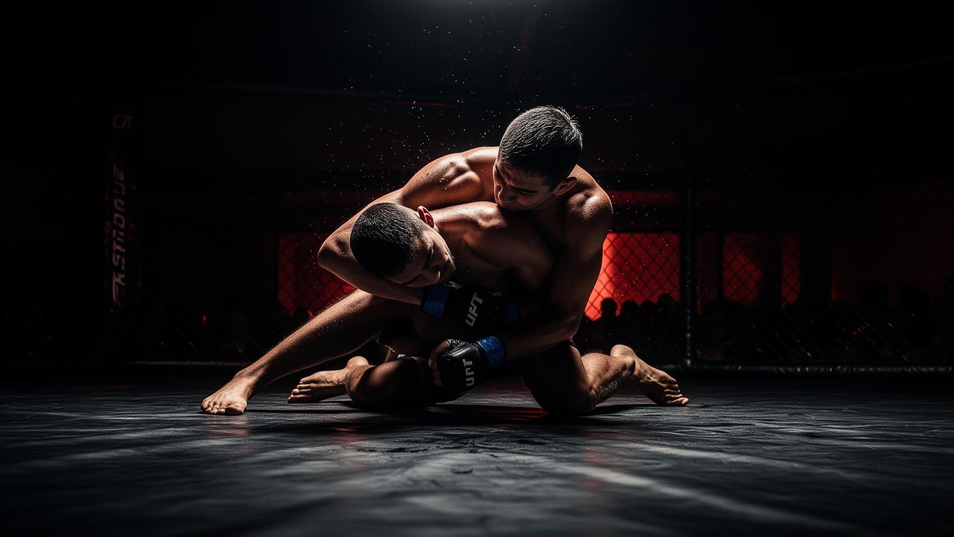 Two MMA fighters grappling on the mat