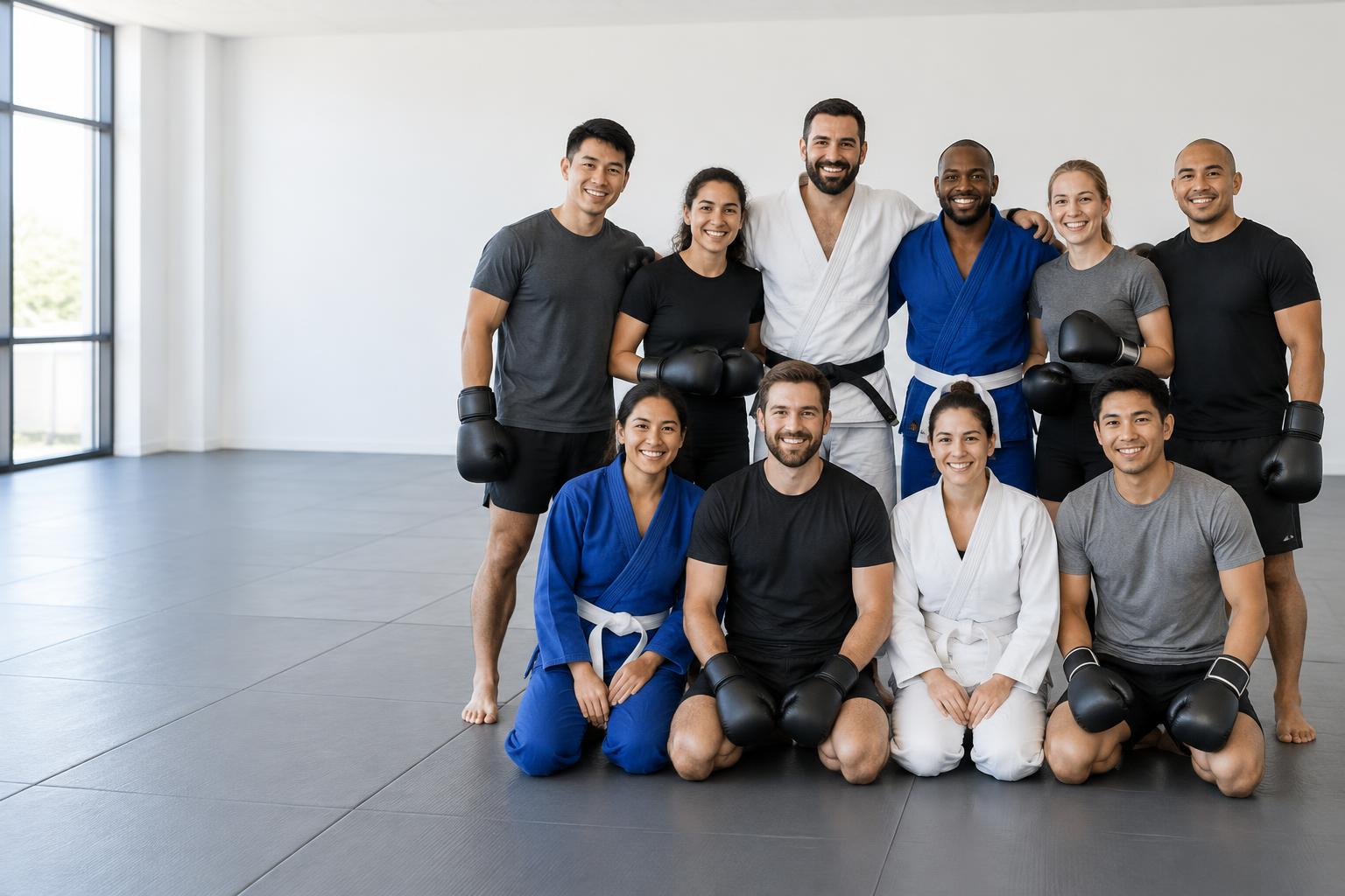 A smiling group of students and their instructor in a martial arts class